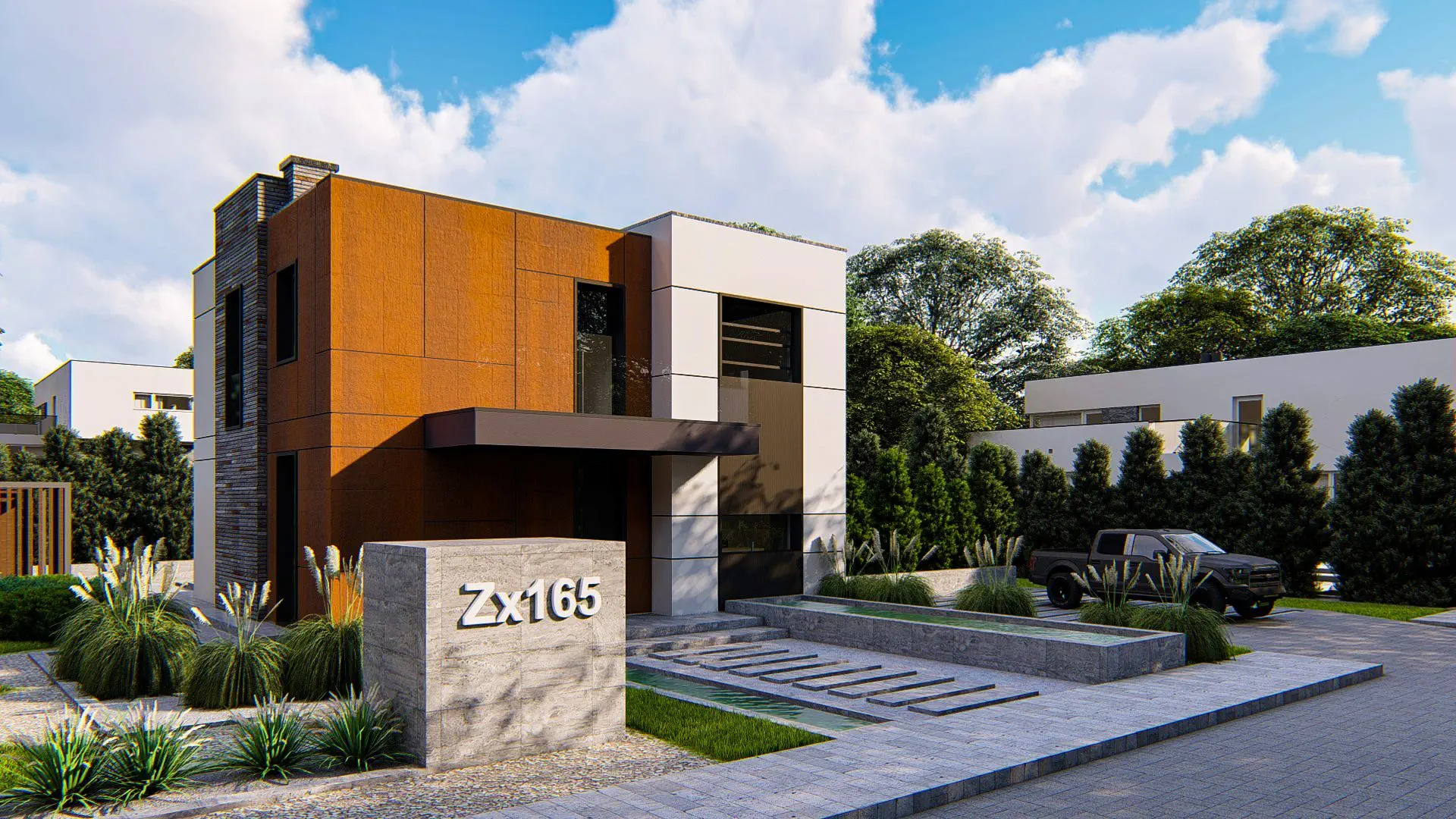 Namo dizainas Zx165 Modernus dviejų aukštų namas su plokščiu stogu
