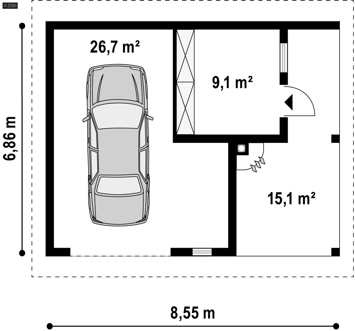 Gotowy projekt garażu GZ17 - projekt garażu na jedno auto z pomieszczeniem gospodarczym, wiatą i kominkiem