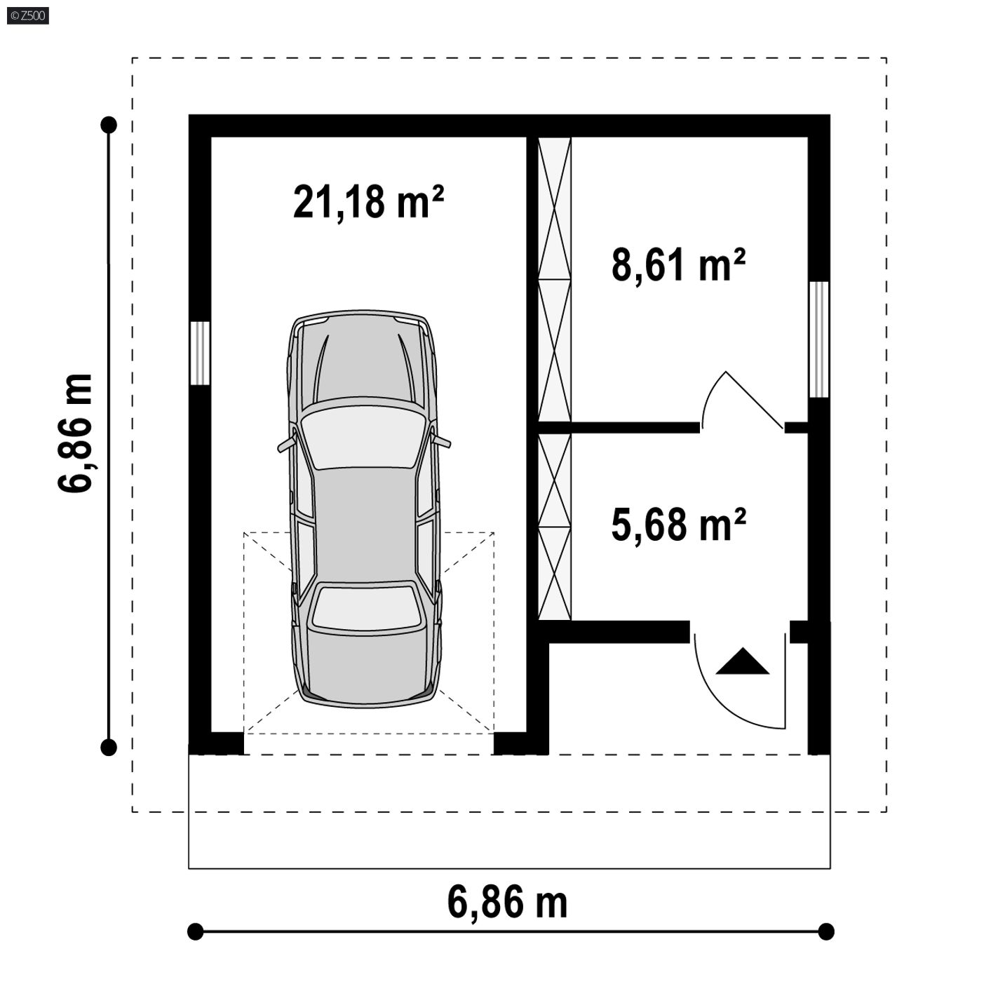 Gotowy projekt garażu GZ2 - projekt garażu na jedno auto z sienią i pomieszczeniem gospodarczym