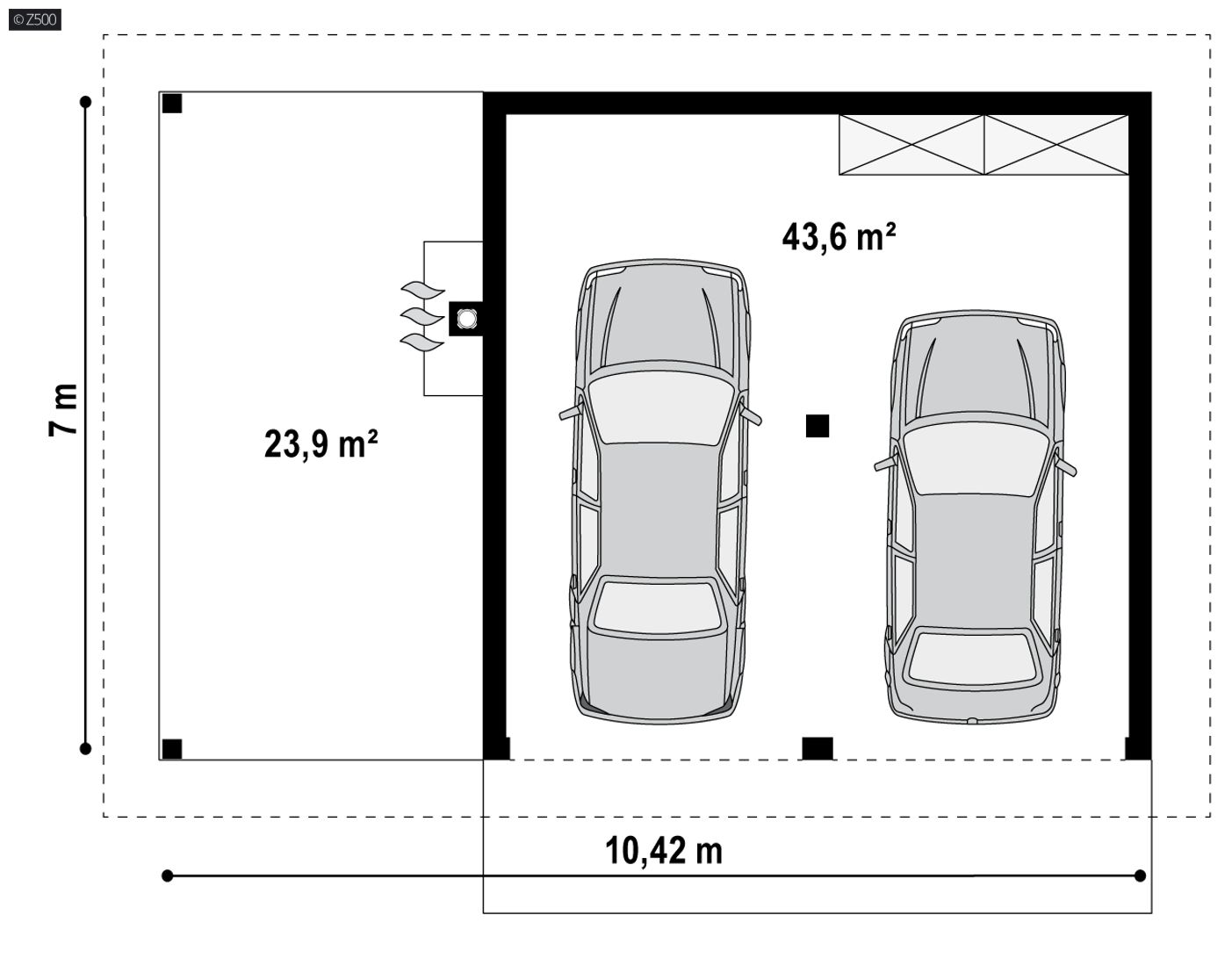 Gotowy projekt garażu GZ24 - Projekt garażu na dwa auta z wiatą ogrodową i kominkiem zewnętrznym