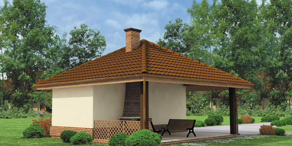 Gotowy projekt garażu GZ14 - projekt garażu jednostanowiskowego z wiatą i kominkiem zewnętrznym