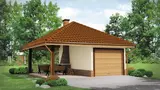 Projekt Garażu jednostanowiskowego, z altaną ogrodową i grillem. Budynek przekryto dachem kopertowym