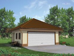 Projekt Garażu dwustanowiskowego, przekrytego dachem kopertowym. Z boku budynku znajduje się dodatkowe wejście do garażu.

