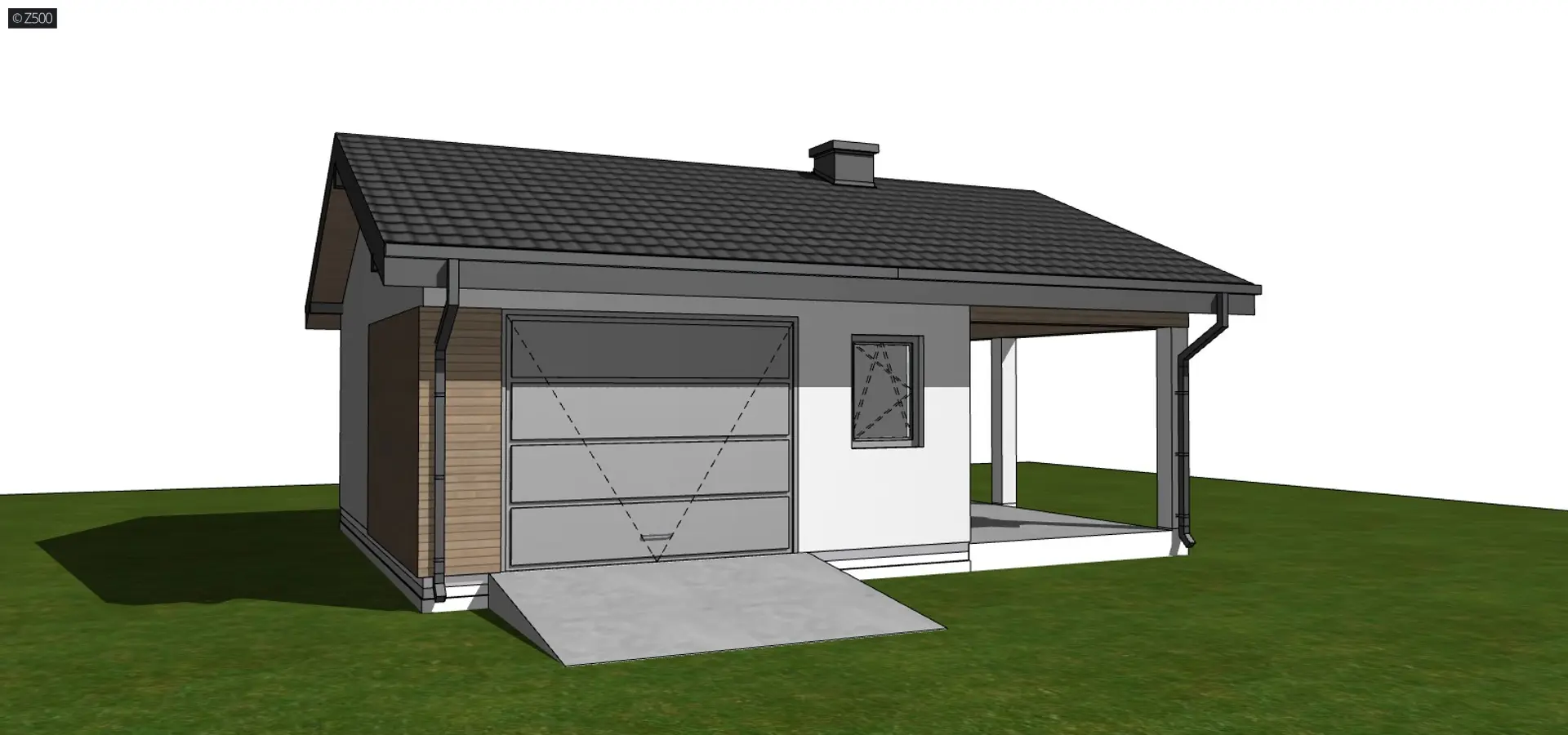 Gotowy projekt garażu GZ17 - projekt garażu na jedno auto z pomieszczeniem gospodarczym, wiatą i kominkiem