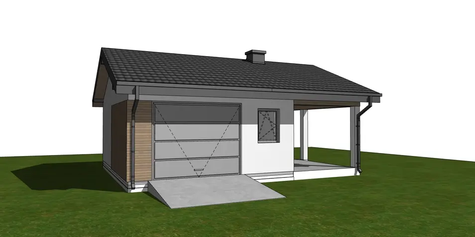 Gotowy projekt garażu GZ17 - projekt garażu na jedno auto z pomieszczeniem gospodarczym, wiatą i kominkiem