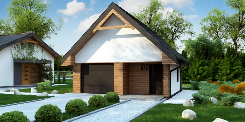 Gotowy projekt garażu GZ2 - projekt garażu na jedno auto z sienią i pomieszczeniem gospodarczym