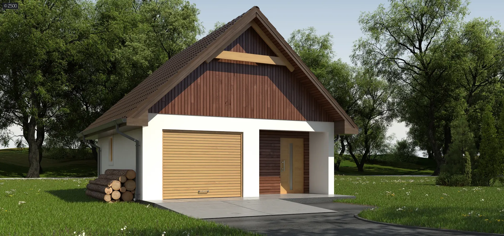 Gotowy projekt garażu GZ2 - projekt garażu na jedno auto z sienią i pomieszczeniem gospodarczym