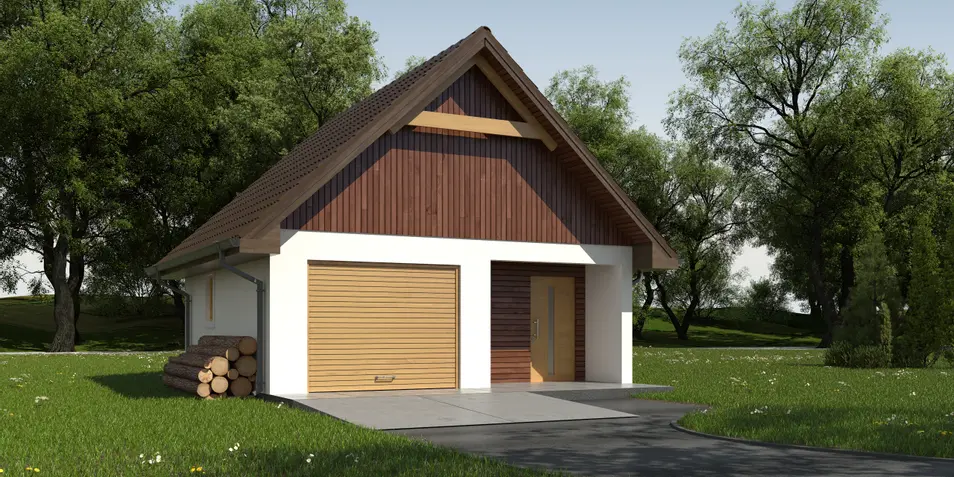Gotowy projekt garażu GZ2 - projekt garażu na jedno auto z sienią i pomieszczeniem gospodarczym