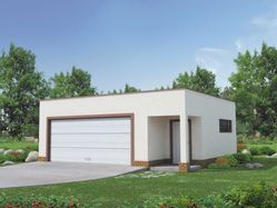 Współczesny projekt garażu dwustanowiskowego, z dodatkowo wydzieloną powierzchnią użytkową posiadającą niezależne wejście z przodu budynku. Niski kąt nachylenia dachu.