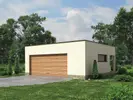 Projekt garażu dwustanowiskowego, z dodatkowo wydzieloną powierzchnią użytkową posiadającą niezależne wejście z tyłu budynku. Współczesna spójna bryła oszczędna w detal.