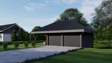 Projekt garażu dwustanowiskowego z altaną ogrodową i grillem. Budynek przekryty dachem kopertowym. Każde stanowisko z osobnym wjazdem. Klasyczna forma budynku.
