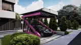 <p>Konstrukcja wiaty drewniano-stalowa. Projekt przewiduje uformowanie spadku na różne strony.</p>