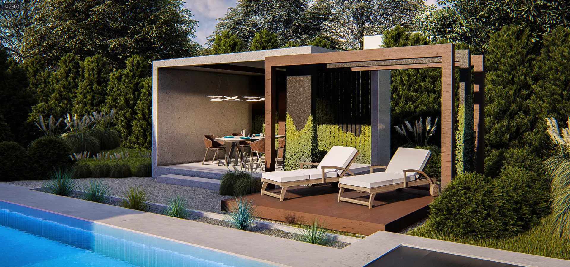Gotowy projekt altany AZ3 - Nowoczesna altana ogrodowa z betonu architektonicznego z drewnianym tarasem