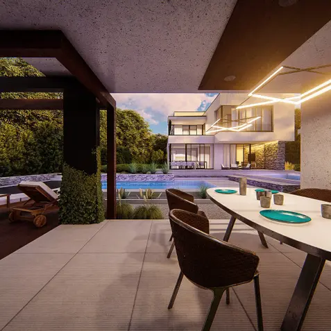Gotowy projekt altany AZ3 - Nowoczesna altana ogrodowa z betonu architektonicznego z drewnianym tarasem