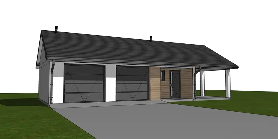 Gotowy projekt garażu GZ4 - Projekt garażu na dwa auta z wiatą i pomieszczeniem gospodarczym