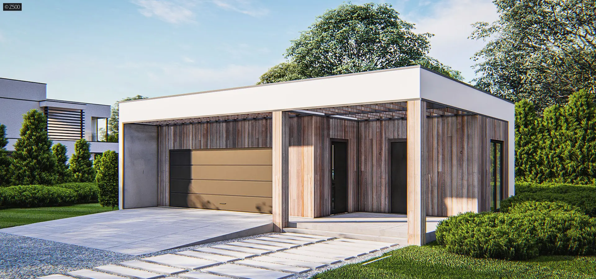 Gotowy projekt garażu GZ31 - Projekt nowoczesnego garażu 2-stanowiskowego z pomieszczeniem do przechowywania.