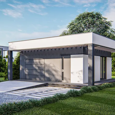 Gotowy projekt garażu GZ33 - Projekt nowoczesnego garażu 2-stanowiskowego z pomieszczeniem do przechowywania.