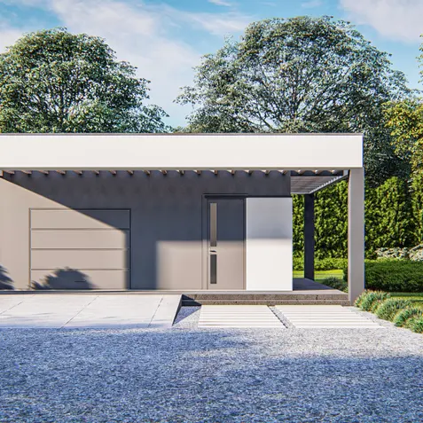 Gotowy projekt garażu GZ33 - Projekt nowoczesnego garażu 2-stanowiskowego z pomieszczeniem do przechowywania.
