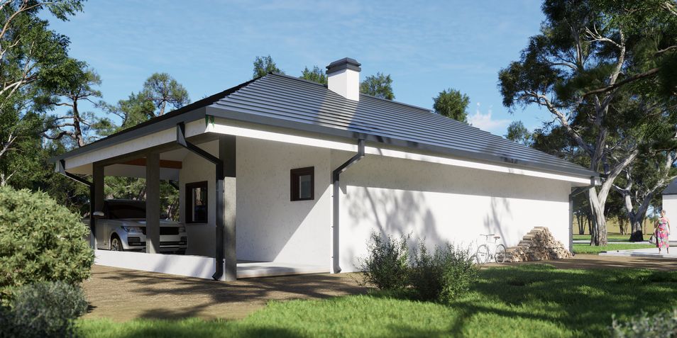 Gotowy projekt garażu GZ9 - Projekt garażu na dwa auta z dużym pomieszczeniem gospodarczym i wiatą boczną