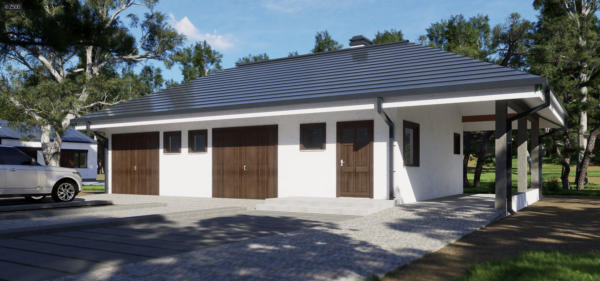 Gotowy projekt garażu GZ9 - Projekt garażu na dwa auta z dużym pomieszczeniem gospodarczym i wiatą boczną