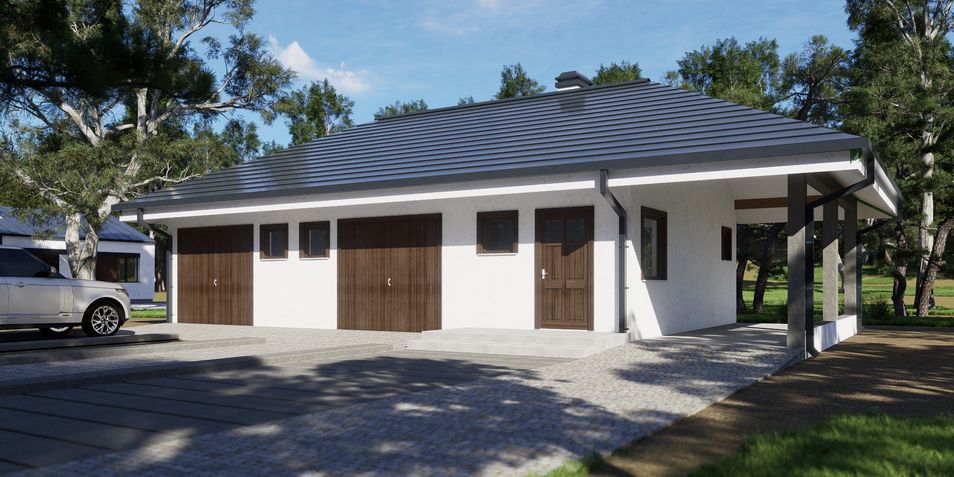 Gotowy projekt garażu GZ9 - Projekt garażu na dwa auta z dużym pomieszczeniem gospodarczym i wiatą boczną