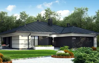 projekt Z378 D to jednorodzinny dom parterowy  z dachem wielospadowym, z garażem. We wnętrzu znajdują się: sień, hol, kuchnia, spiżarnia, pomieszczenie gospodarcze, garaż, hol, garderoba, 5 sypialnie i 4 łazienki.