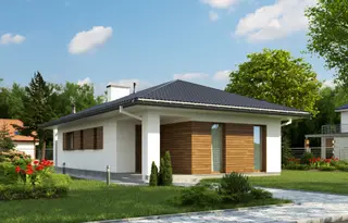 projekt Z355 to jednorodzinny dom parterowy  z dachem kopertowym. We wnętrzu znajdują się: sień, hol, pomieszczenie gospodarcze, kuchnia+jadalnia, 3 sypialnie i 1 łazienka.