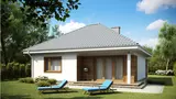 Gotowy projekt domu Z64 D - Mały parterowy dom z funkcjonalnym układem pomieszczeń i zadaszonym tarasem.