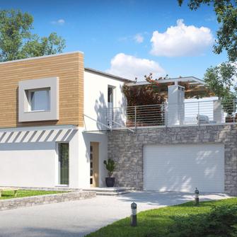 Home project Zx3 - A modern house with a flat roof, a terrace upstairs and a double garage.
