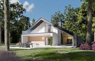projekt Zx250 to jednorodzinny dom  z dachem dwuspadowym, z garażem. We wnętrzu znajdują się: sień, garaż, pomieszczenie gospodarcze, garderoba, kuchnia, hol, garderoba, garderoba, hol, schody, 5 sypialnie i 4 łazienki.