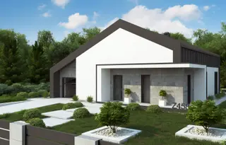 projekt Z458 to jednorodzinny dom parterowy  z dachem , z garażem. We wnętrzu znajdują się: sień, pomieszczenie gospodarcze, spiżarnia, garderoba, kuchnia, garderoba, hol, garaż, strych, 4 sypialnie i 3 łazienki.