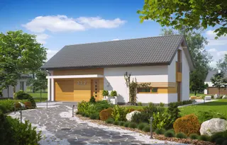 projekt Z232 to jednorodzinny dom  z dachem dwuspadowym, z garażem. We wnętrzu znajdują się: sień, garaż, hol, pomieszczenie gospodarcze, kuchnia, hol, garderoba, garderoba, spiżarnia, schody, 4 sypialnie i 3 łazienki.