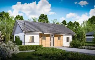 projekt Z454 (I) Real Green to jednorodzinny dom parterowy z poddaszem użytkowym  z dachem dwuspadowym. We wnętrzu znajdują się: sień, hol, kuchnia, pomieszczenie gospodarcze, 4 sypialnie i 1 łazienka.
