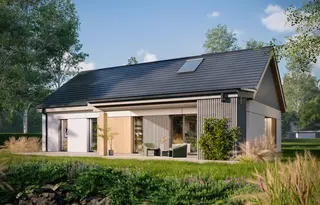 projekt Z376 D 35 to jednorodzinny dom parterowy  z dachem dwuspadowym. We wnętrzu znajdują się: sień, hol, kuchnia, pomieszczenie gospodarcze, 5 sypialnie i 2 łazienki.