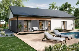 projekt Z349 B to jednorodzinny dom parterowy  z dachem dwuspadowym. We wnętrzu znajdują się: sień, pomieszczenie gospodarcze, spiżarnia, kuchnia, hol, garderoba, 5 sypialnie i 2 łazienki.