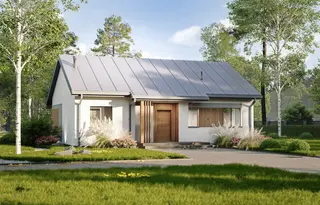 projekt Z7 D 30 pc Brzechwa to jednorodzinny dom parterowy  z dachem dwuspadowym. We wnętrzu znajdują się: sień, hol, kuchnia, pomieszczenie gospodarcze, 4 sypialnie i 1 łazienka.