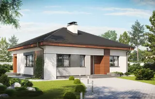 projekt Z273 to jednorodzinny dom parterowy  z dachem kopertowym. We wnętrzu znajdują się: sień, kuchnia, pomieszczenie gospodarcze, hol, 4 sypialnie i 2 łazienki.