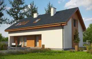 projekt Z232 A to jednorodzinny dom  z dachem dwuspadowym, z garażem. We wnętrzu znajdują się: sień, schowek, garaż, hol, kuchnia, spiżarnia, hol, garderoba, pralnia, pomieszczenie gospodarcze, schody, 6 sypialnie i 3 łazienki.
