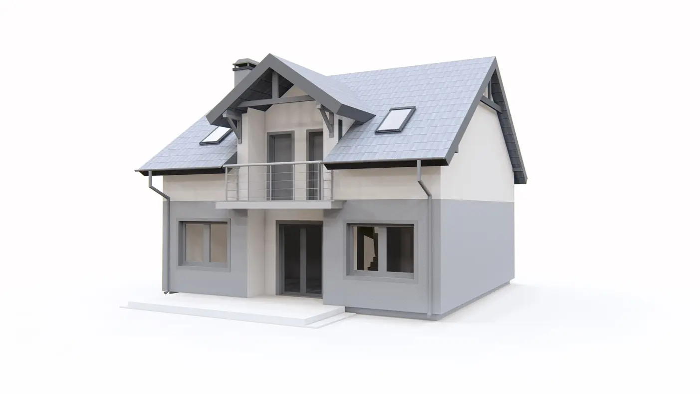 Home project  - Prosty w budowie dom z poddaszem z dwuspadowym dachem, wykuszem i kuchnią od tyłu