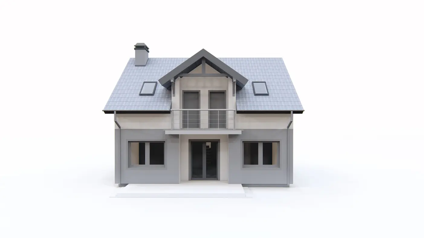 Home project  - Prosty w budowie dom z poddaszem z dwuspadowym dachem, wykuszem i kuchnią od tyłu