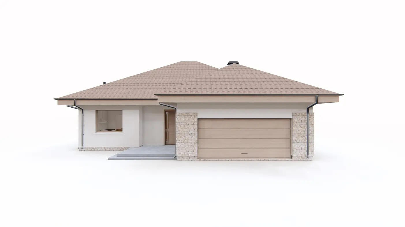 Home project  - Parterowy dom z dachem kopertowym z frontowym garażem na dwa samochody.