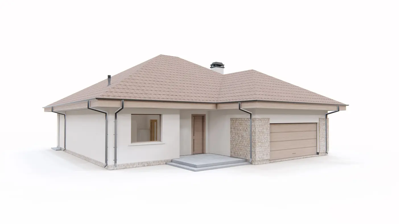 Home project  - Parterowy dom z dachem kopertowym z frontowym garażem na dwa samochody.