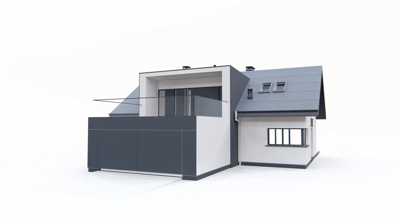 Home project  - Dwulokalowy dom z poddaszem użytkowym oraz garażem i tarasem.