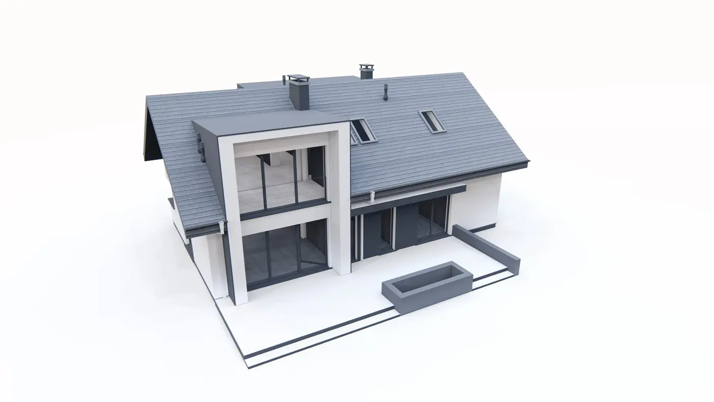 Home project  - Dwulokalowy dom z poddaszem użytkowym oraz garażem i tarasem.