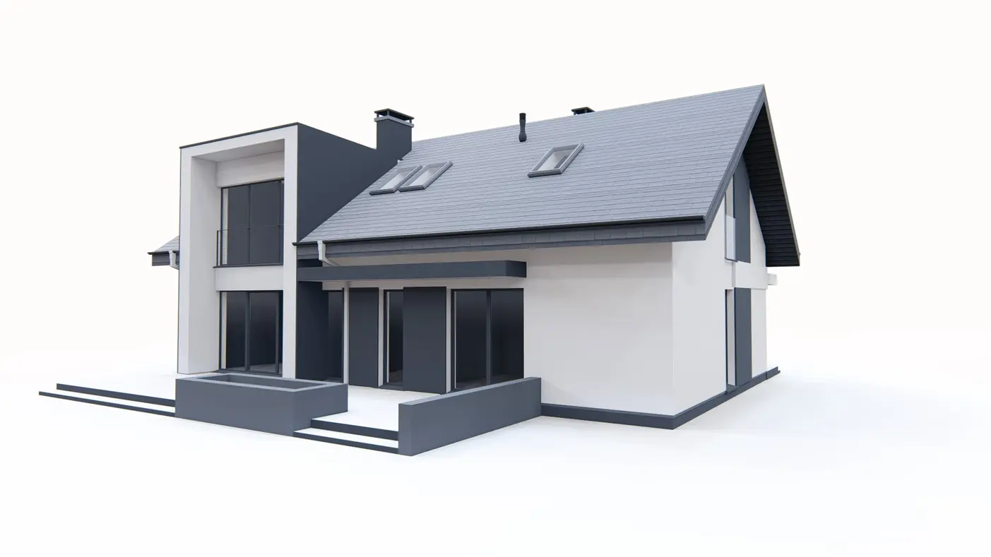 Home project  - Dwulokalowy dom z poddaszem użytkowym oraz garażem i tarasem.