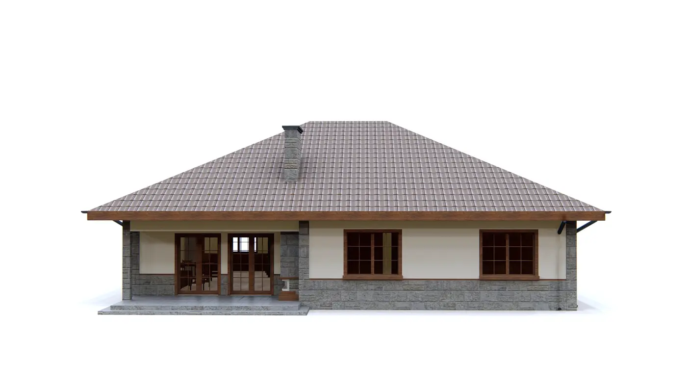 Gotowy projekt domu  - Parterowy dom z dachem kopertowym, wykuszem oraz kominkiem na tarasie.