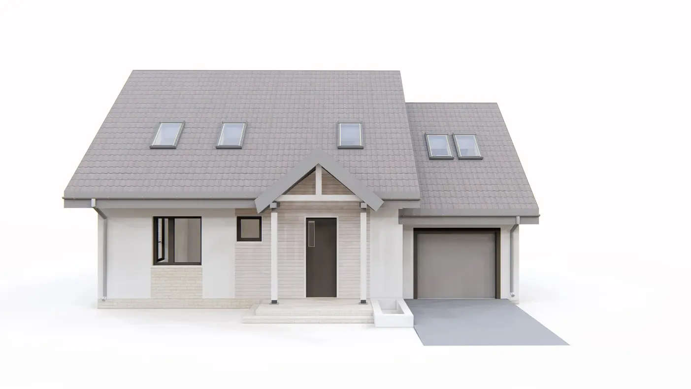 Home project  - Łatwy w budowie projekt domu z poddaszem, wykuszem i garażem od frontu.
