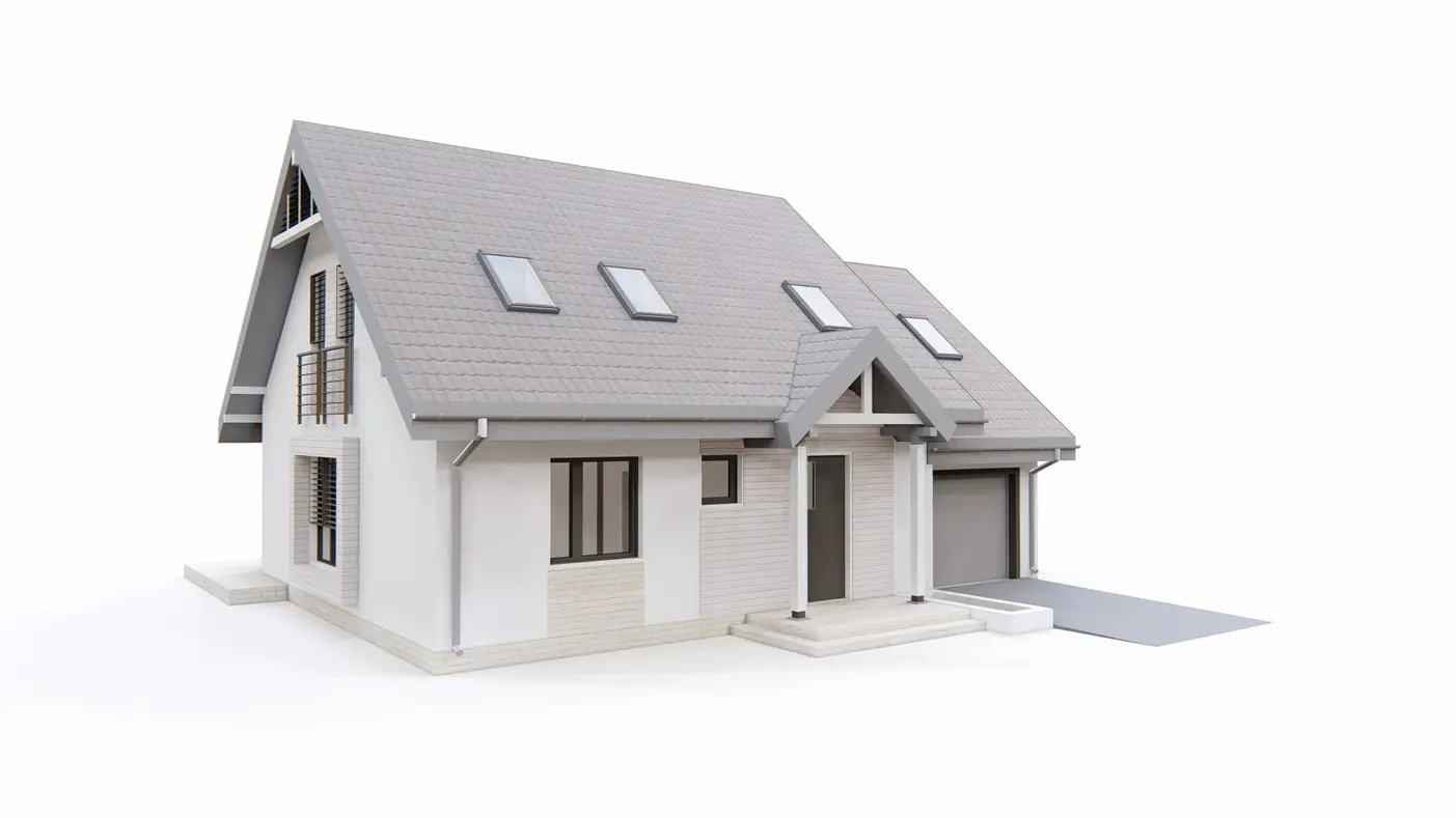 Home project  - Łatwy w budowie projekt domu z poddaszem, wykuszem i garażem od frontu.