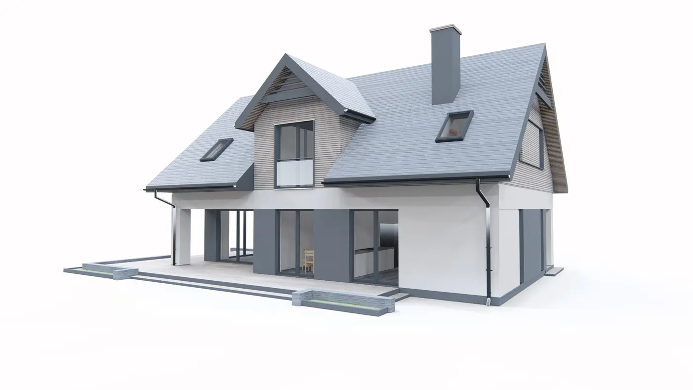 Home project  - Współczesny dom z dachem wielospadowym i garażem dwustanowiskowym.