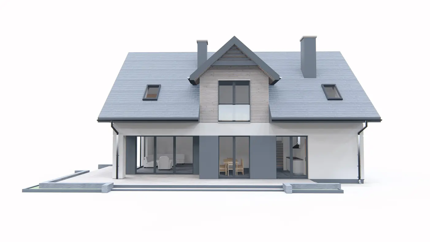 Home project  - Współczesny dom z dachem wielospadowym i garażem dwustanowiskowym.